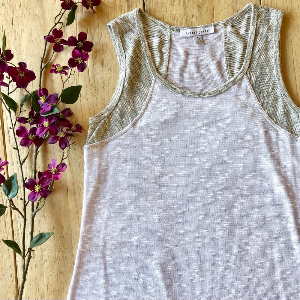 NWOT TRIBAL JEANS Woven White & Gray Tank Top - M